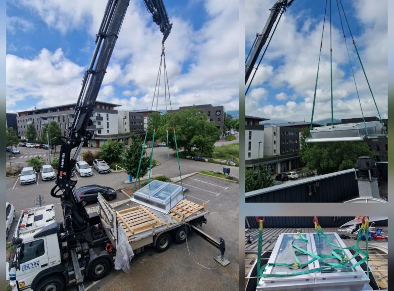 Chantier en rénovation AEROLUX avec lanterneaux acoustiques