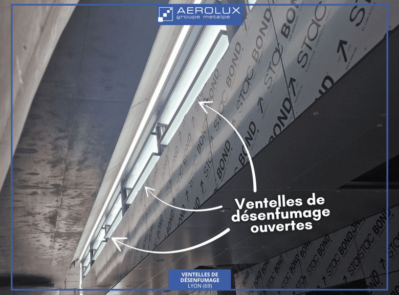 Ventelles de désenfumage en toiture sur le bâtiment voyageurs de la gare SNCF de Lyon Part-Dieu